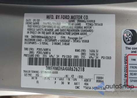 2010 Mercury Milan z USA, uszkodzony, nr VIN 3MEHM0HA4AR626218